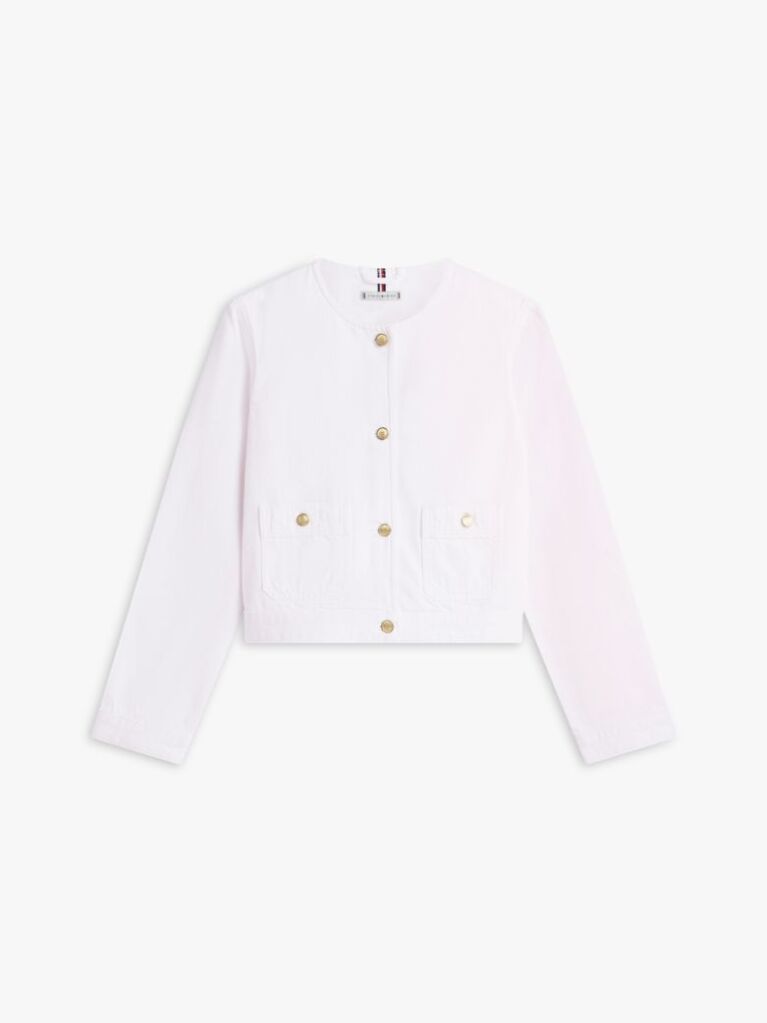 White Gold-Tone Button Collarless Denim Jacket  Women