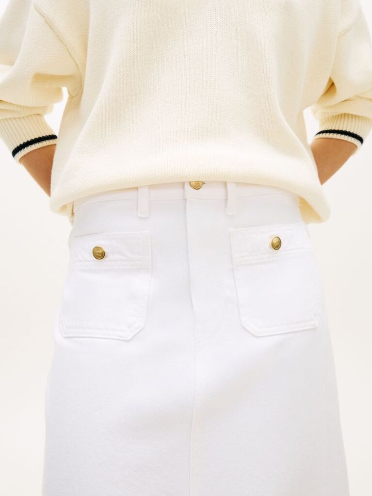 White Gold-Tone Button White Denim Midi Skirt  Women
