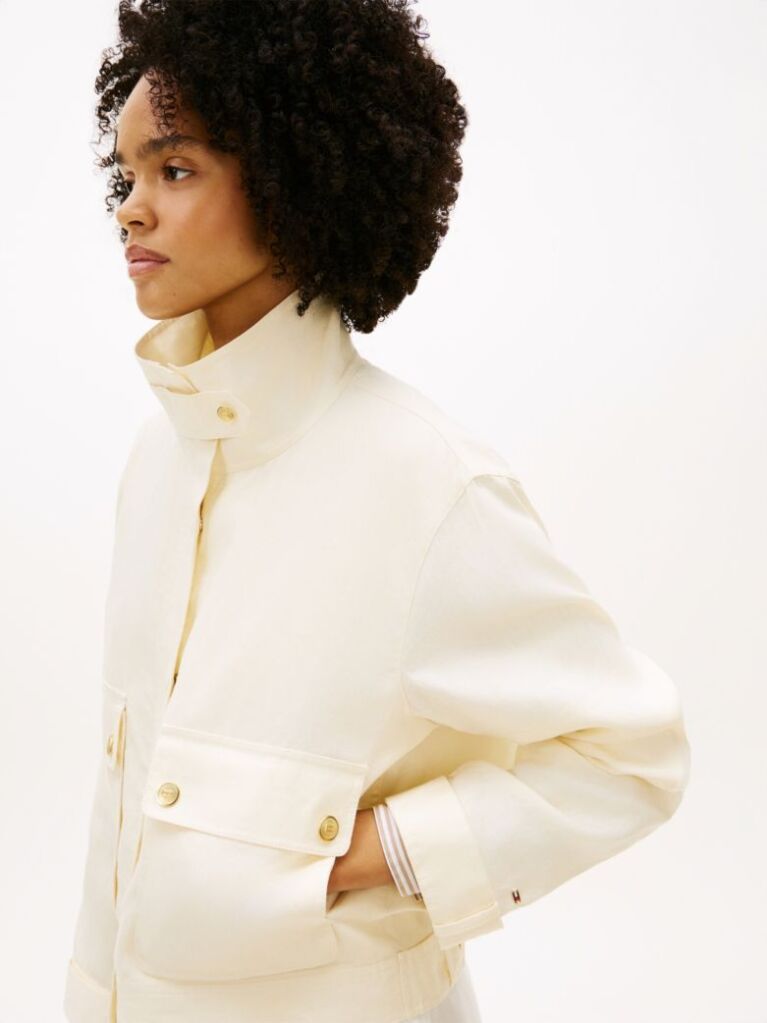 Beige Gold-Tone Button Pure Linen Utility Jacket  Women