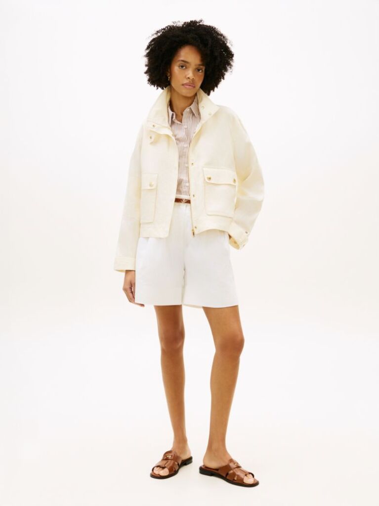 Beige Gold-Tone Button Pure Linen Utility Jacket  Women