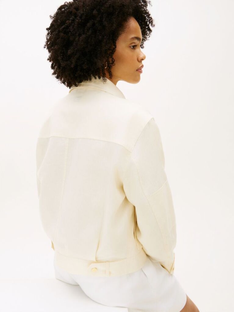 Beige Gold-Tone Button Pure Linen Utility Jacket  Women