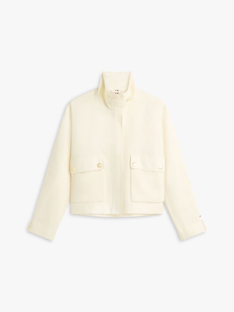 Beige Gold-Tone Button Pure Linen Utility Jacket  Women