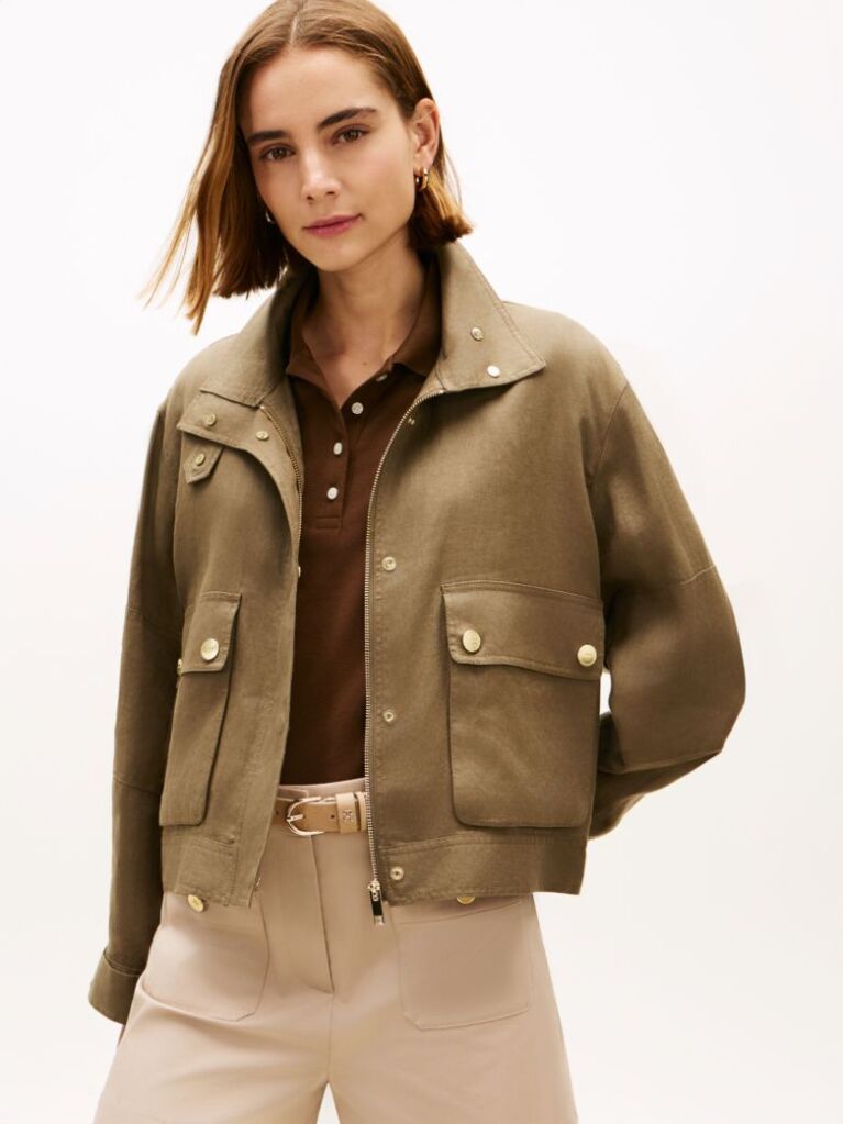 Green Gold-Tone Button Pure Linen Utility Jacket  Women