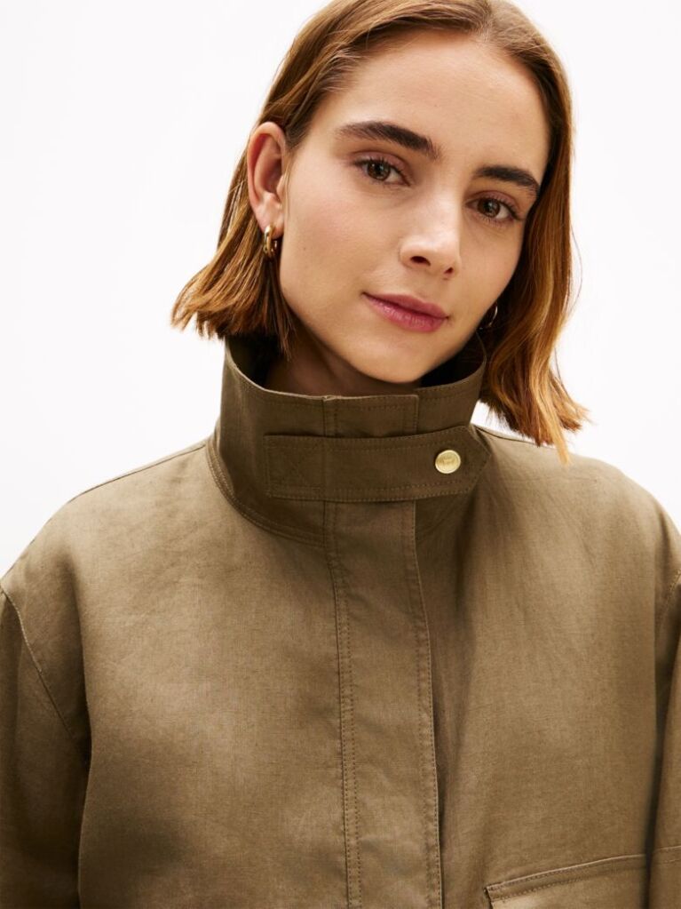 Green Gold-Tone Button Pure Linen Utility Jacket  Women