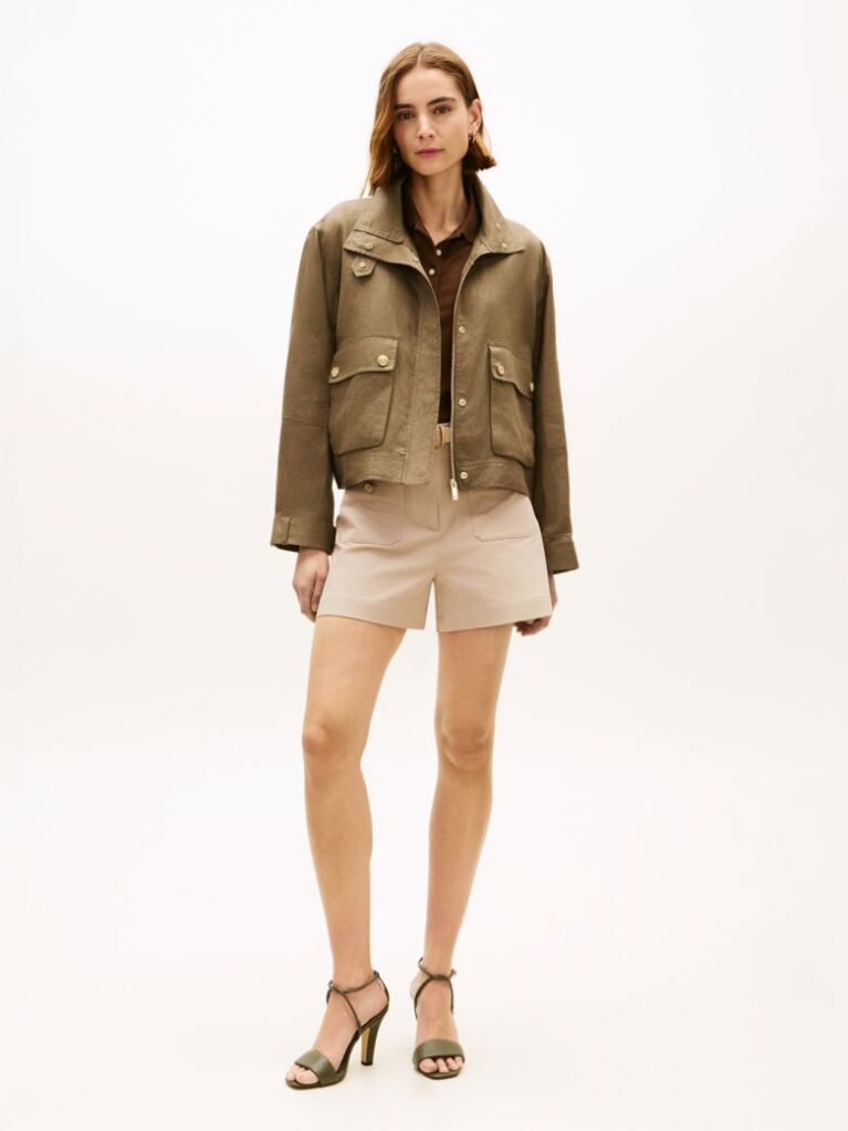 Green Gold-Tone Button Pure Linen Utility Jacket  Women