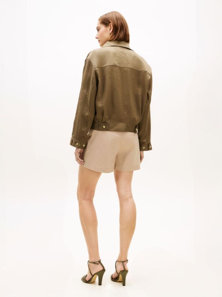 Green Gold-Tone Button Pure Linen Utility Jacket  Women