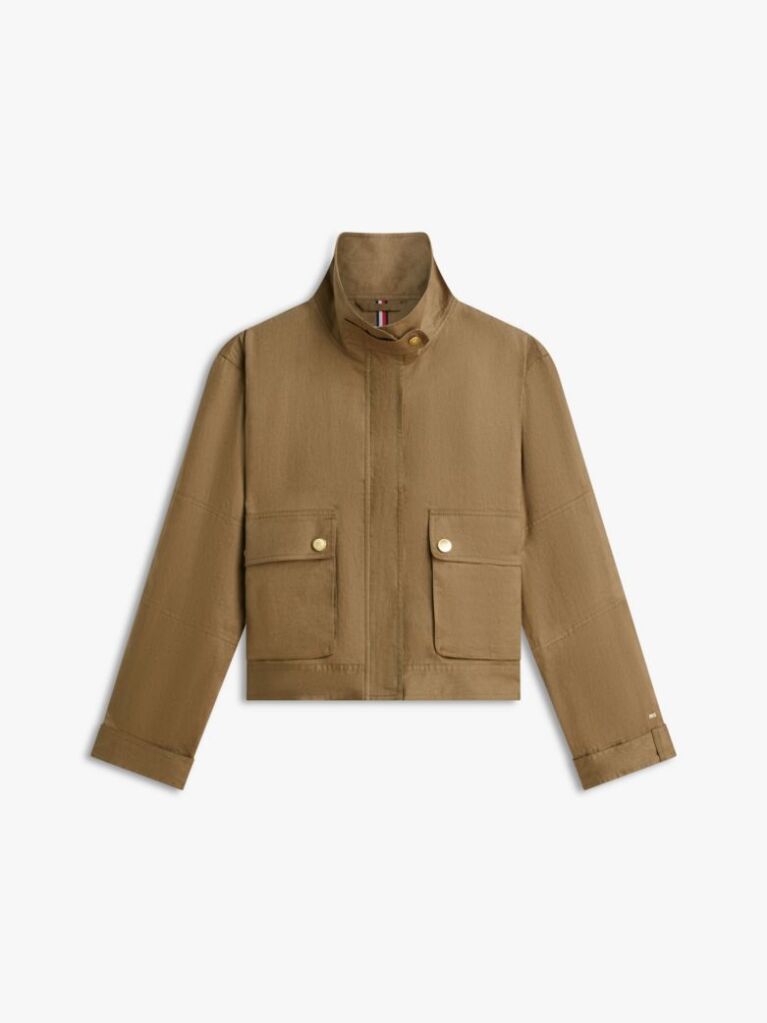 Green Gold-Tone Button Pure Linen Utility Jacket  Women