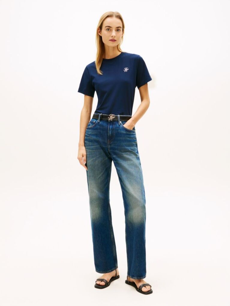 Blue Logo Embroidery Jersey Crew Neck T-Shirt  Women