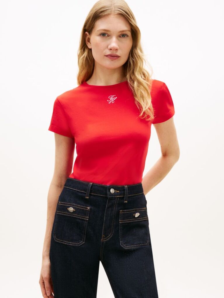Red Textured Logo Slim Jersey T-Shirt  Women