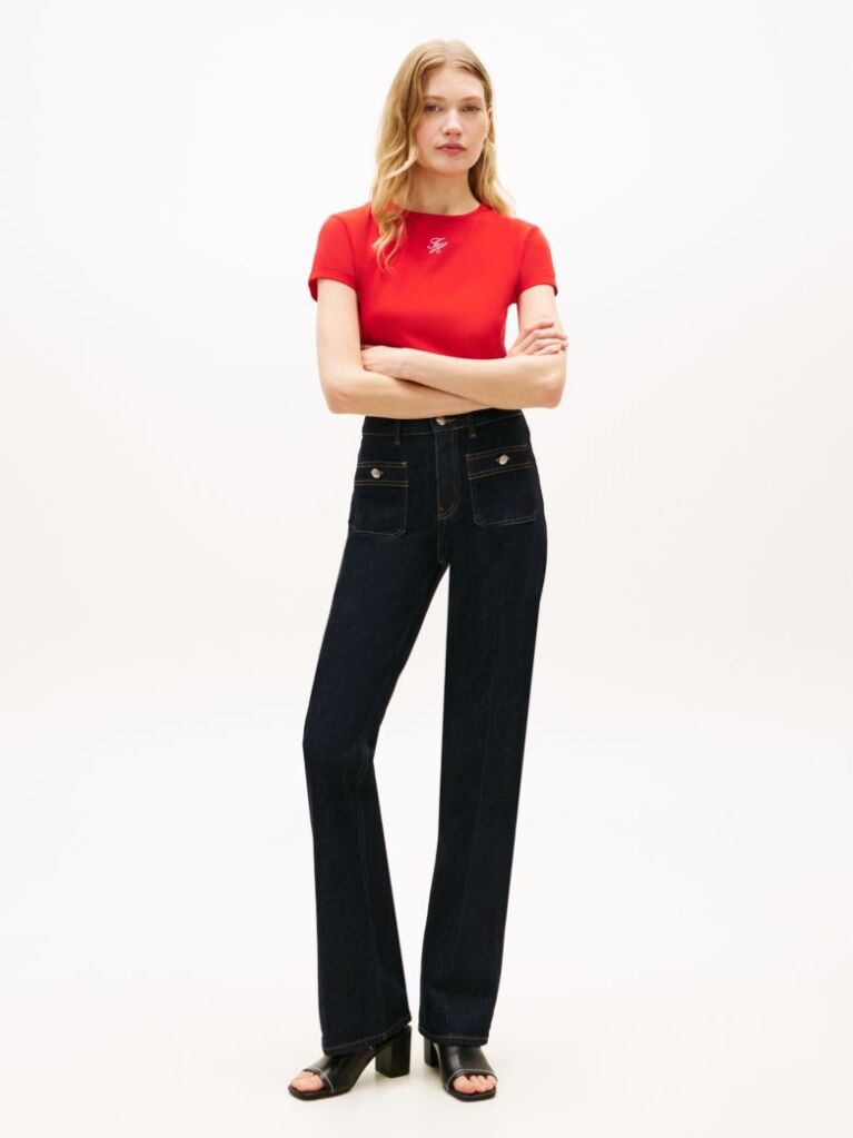 Red Textured Logo Slim Jersey T-Shirt  Women