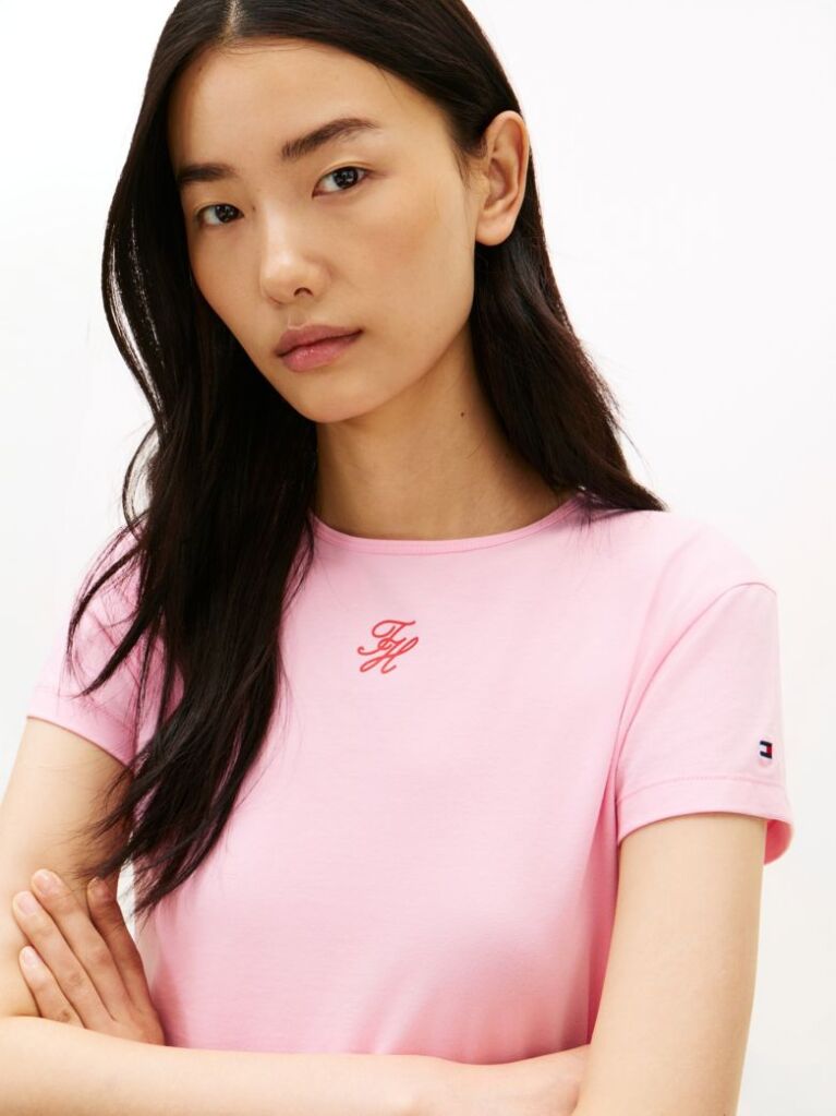 Pink Textured Logo Slim Jersey T-Shirt  Women