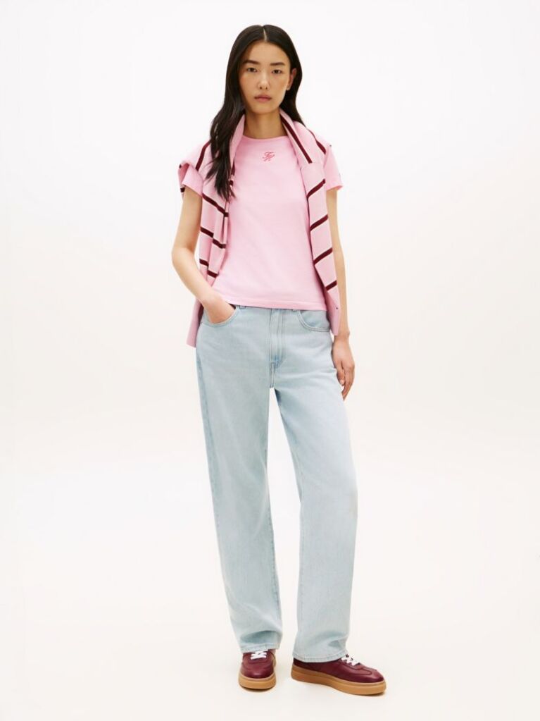 Pink Textured Logo Slim Jersey T-Shirt  Women
