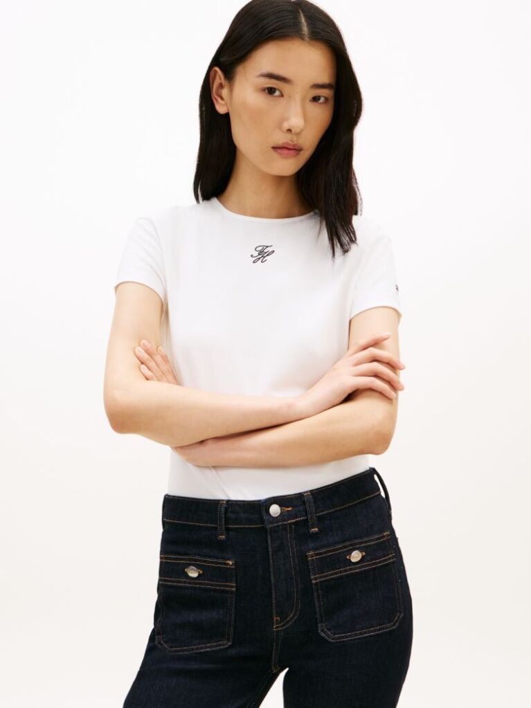 White Textured Logo Slim Jersey T-Shirt  Women