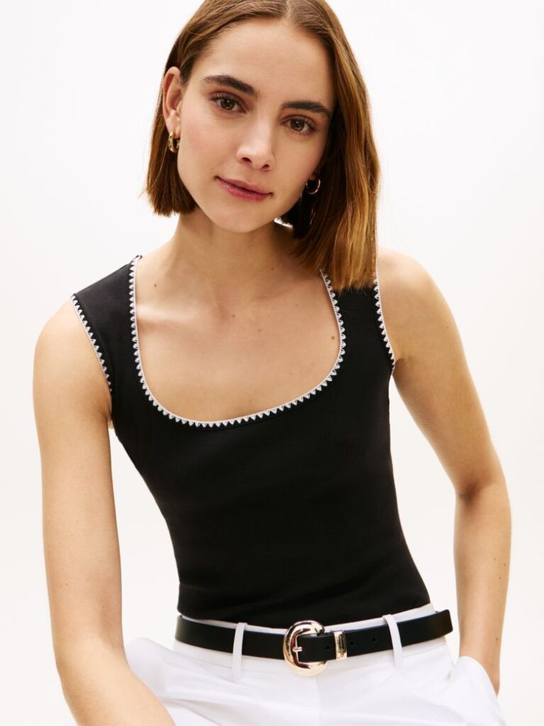 Black Contrast Stitch Ribbed Slim Tank Top  Women