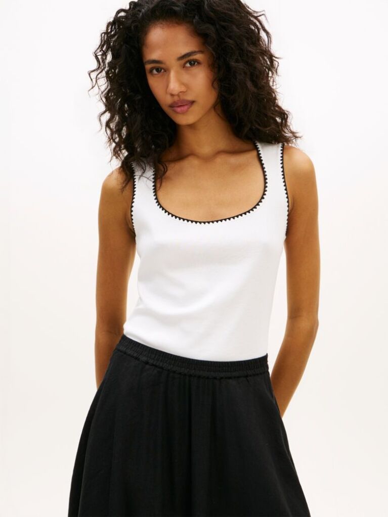 White Contrast Stitch Ribbed Slim Tank Top  Women