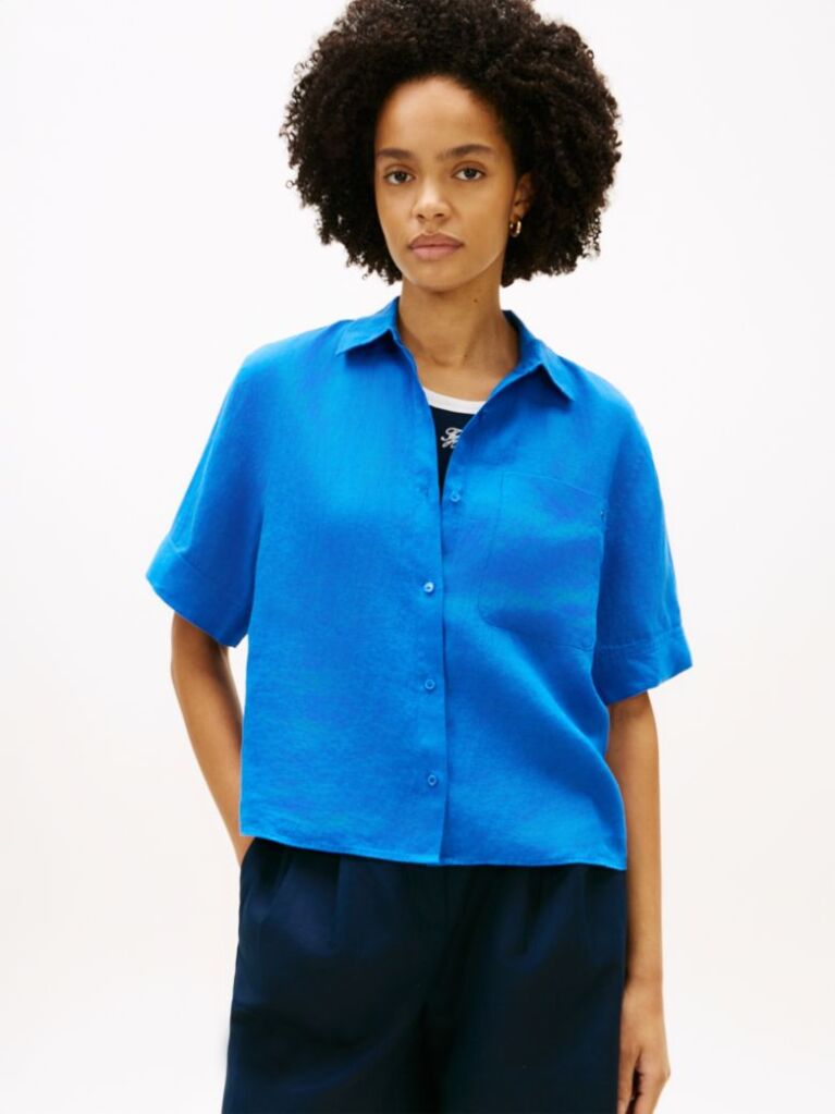 Blue Relaxed Fit Pure Linen Short Sleeve Shirt  Women