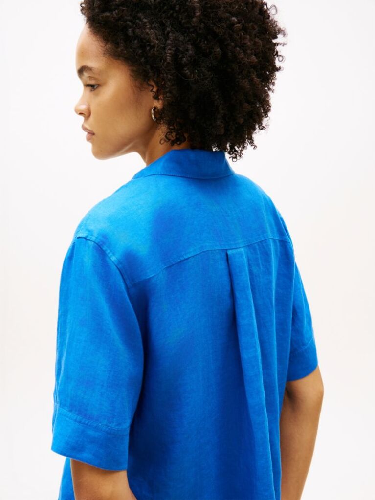 Blue Relaxed Fit Pure Linen Short Sleeve Shirt  Women
