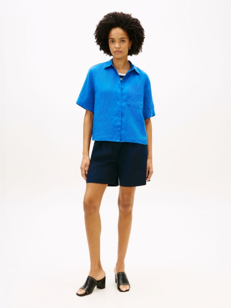 Blue Relaxed Fit Pure Linen Short Sleeve Shirt  Women