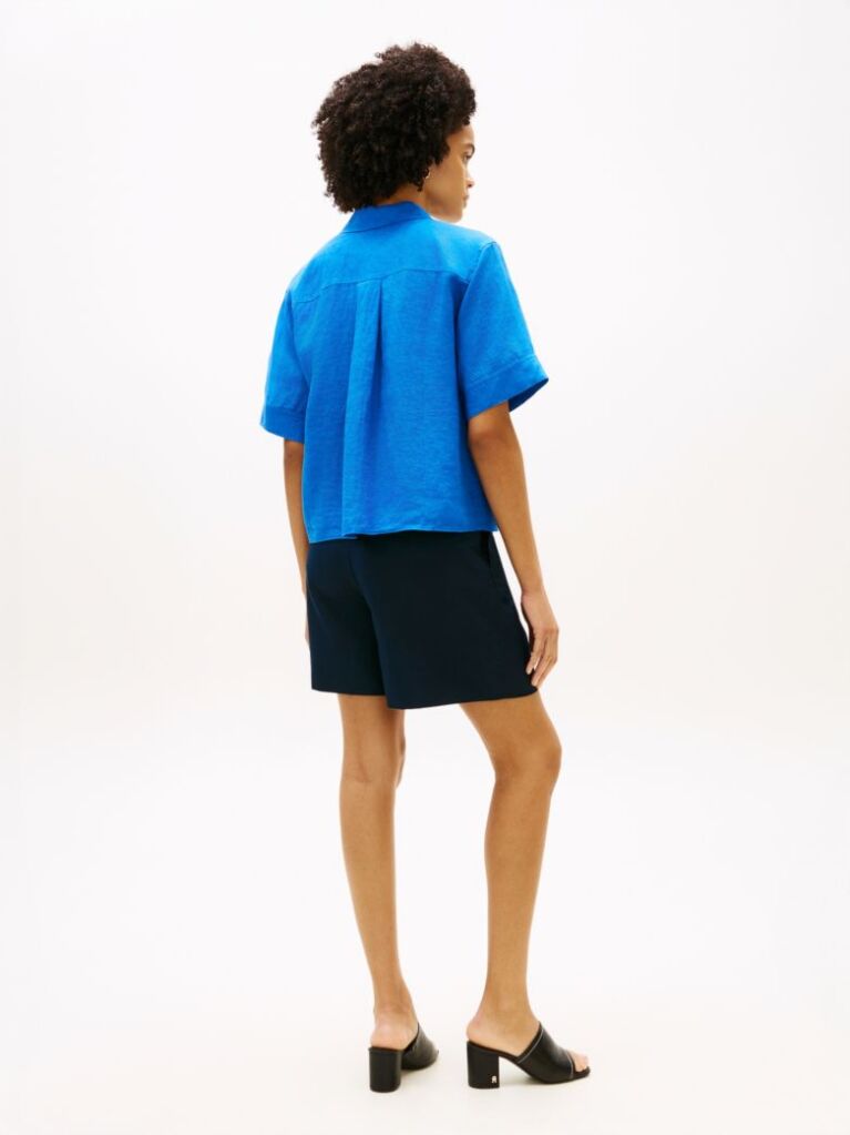 Blue Relaxed Fit Pure Linen Short Sleeve Shirt  Women