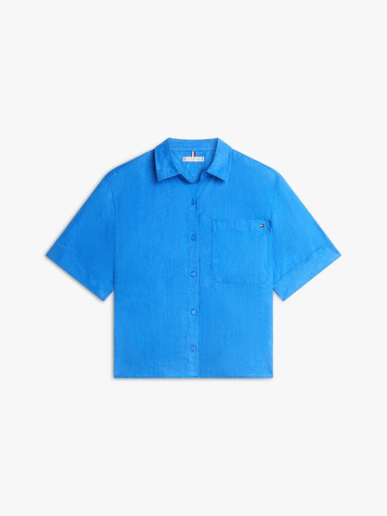 Blue Relaxed Fit Pure Linen Short Sleeve Shirt  Women