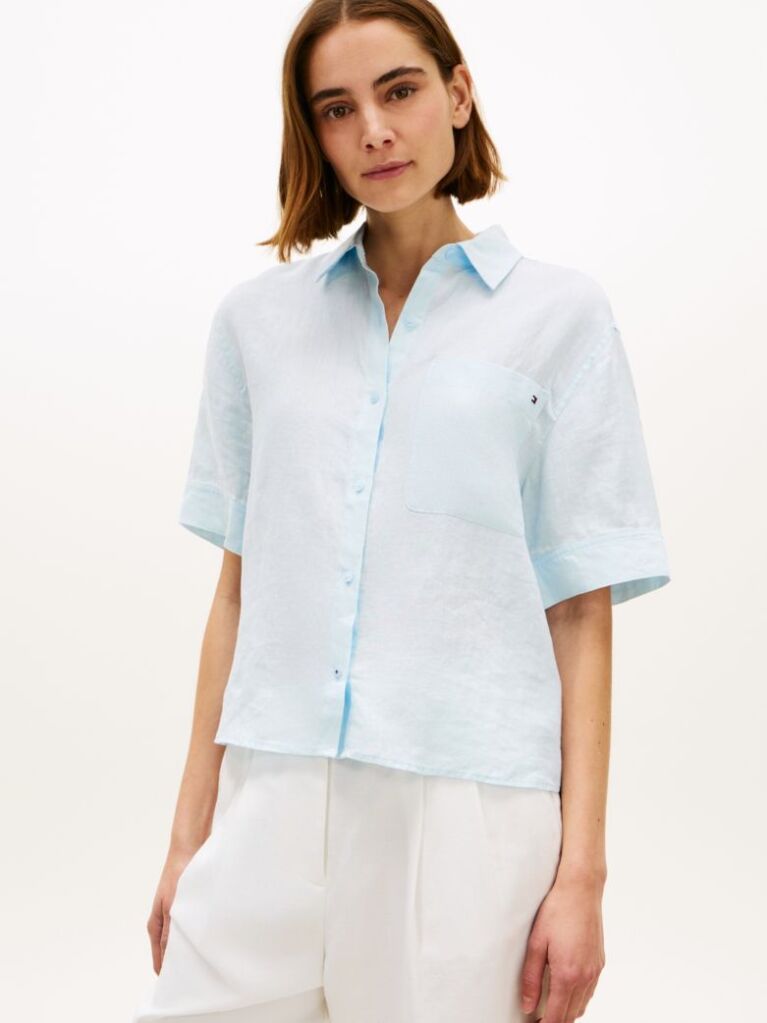 Blue Relaxed Fit Pure Linen Short Sleeve Shirt  Women