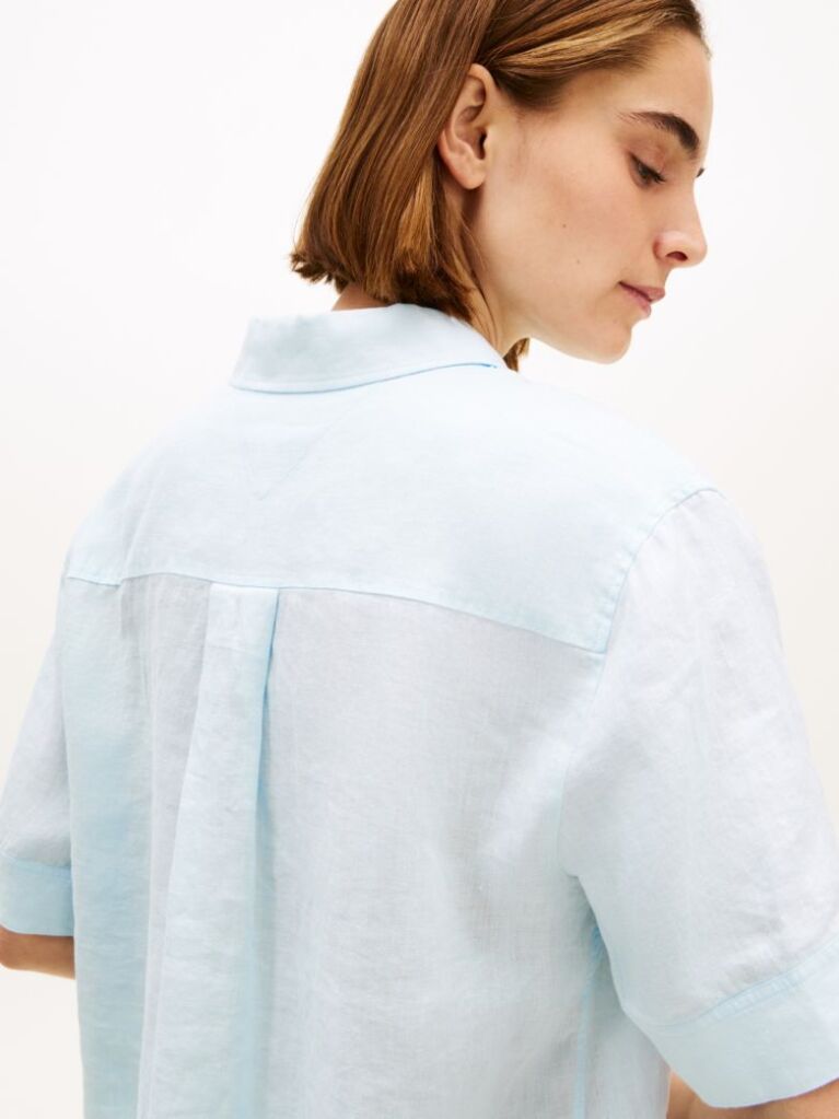 Blue Relaxed Fit Pure Linen Short Sleeve Shirt  Women