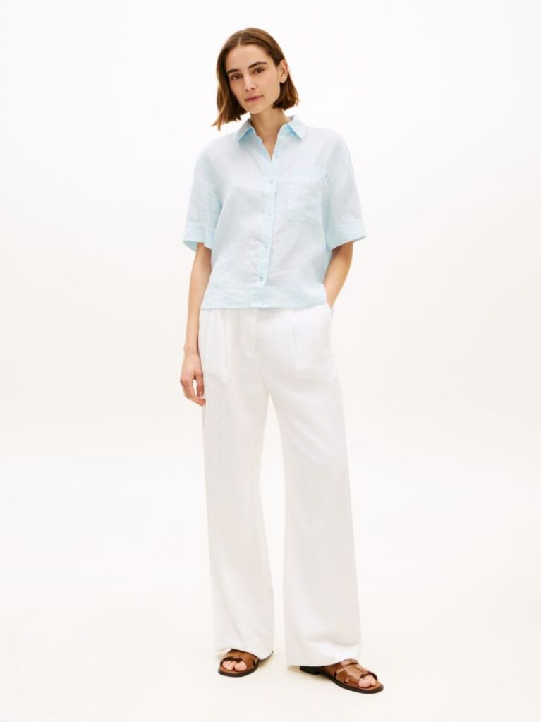 Blue Relaxed Fit Pure Linen Short Sleeve Shirt  Women