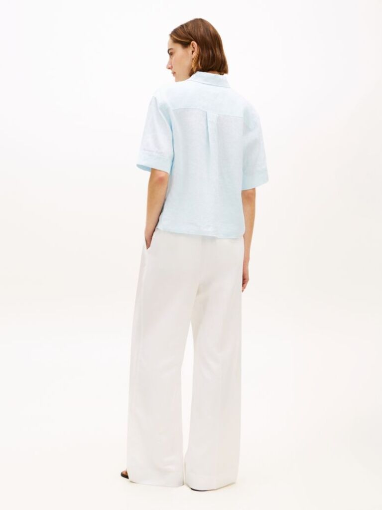 Blue Relaxed Fit Pure Linen Short Sleeve Shirt  Women