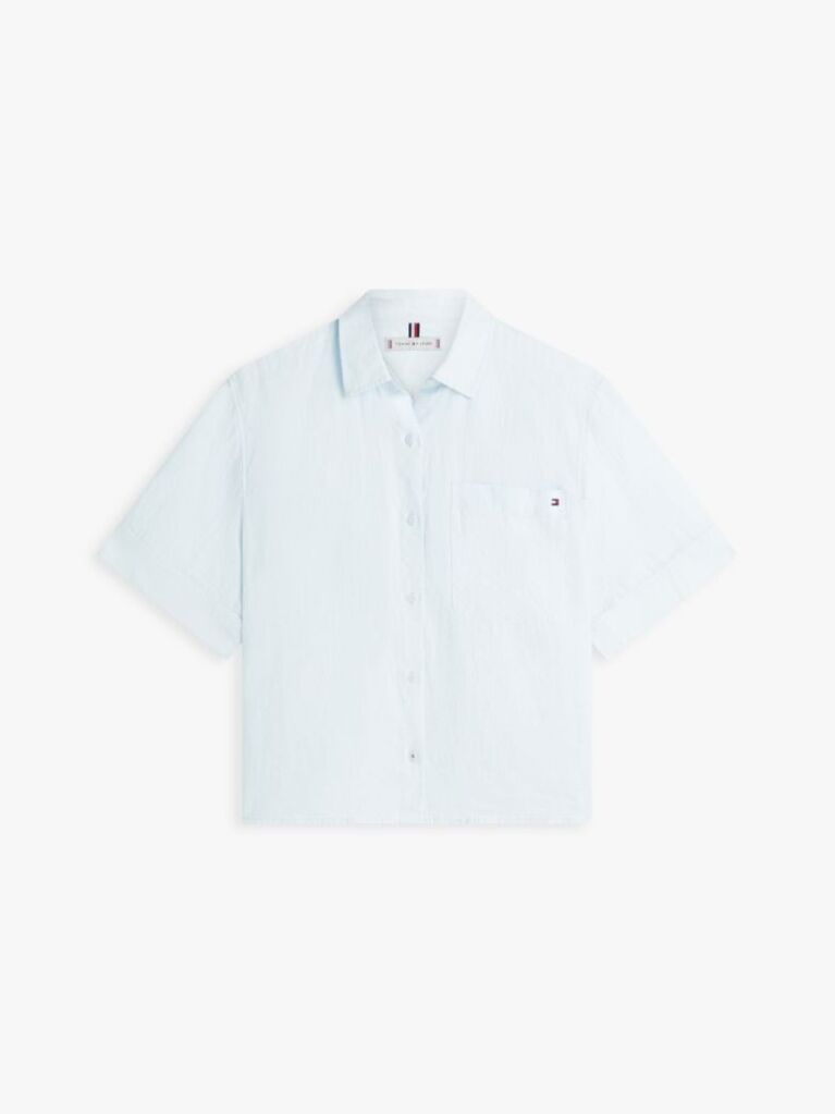 Blue Relaxed Fit Pure Linen Short Sleeve Shirt  Women