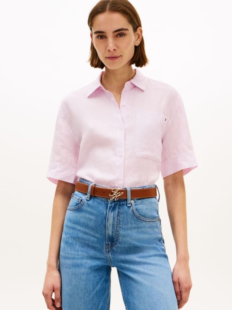 Purple Relaxed Fit Pure Linen Short Sleeve Shirt  Women