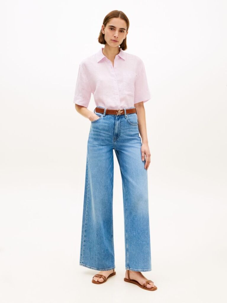 Purple Relaxed Fit Pure Linen Short Sleeve Shirt  Women