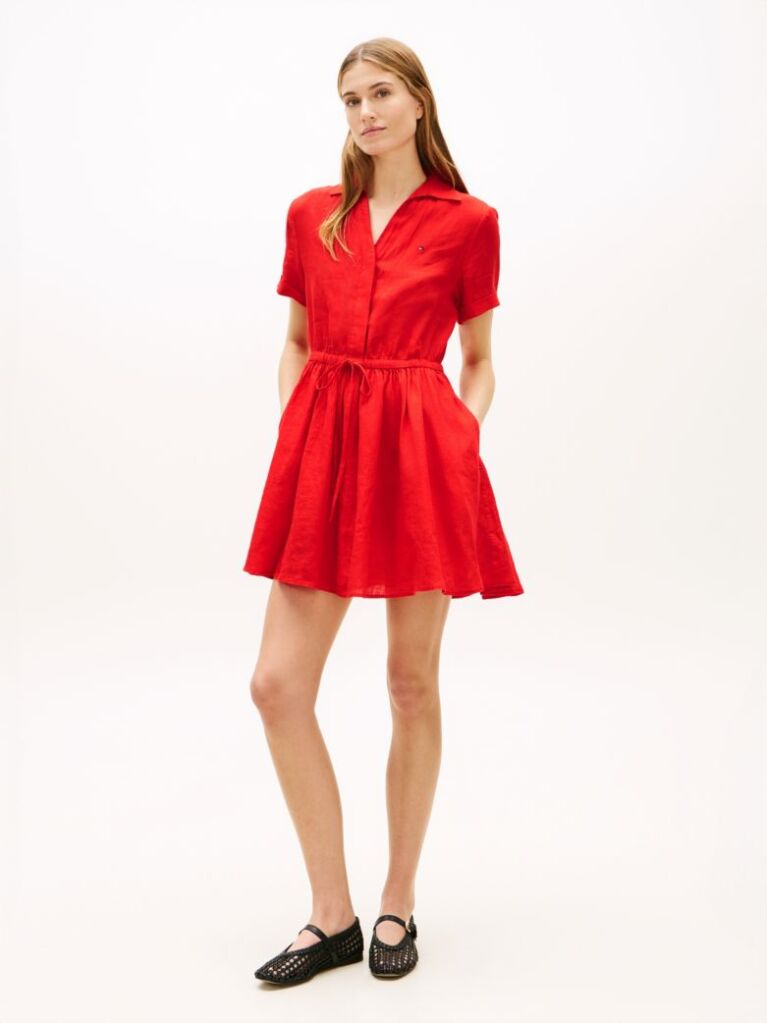 Red Relaxed Pure Linen Mini Flare Dress  Women