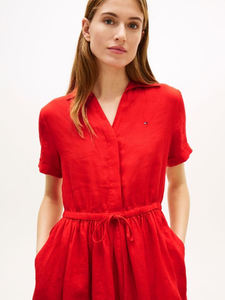 Red Relaxed Pure Linen Mini Flare Dress  Women