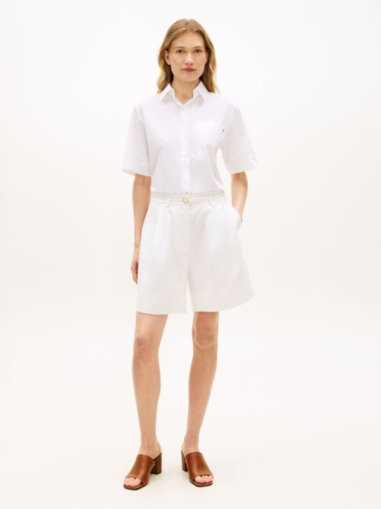 White Linen Blend Wide Leg Shorts  Women