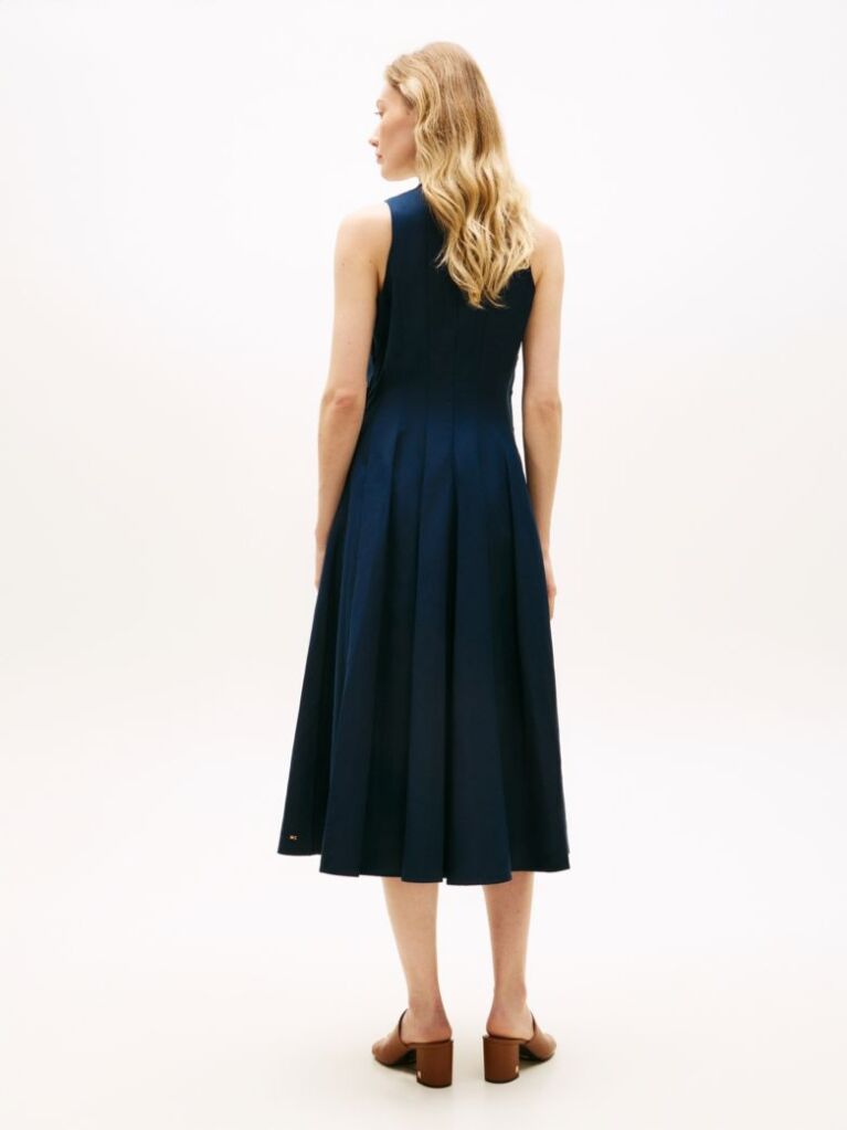 Blue Gold-Tone Button Linen Blend Midi Dress  Women