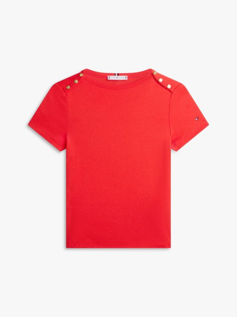 Red Gold-Tone Button Slim Boat Neck T-Shirt  Women