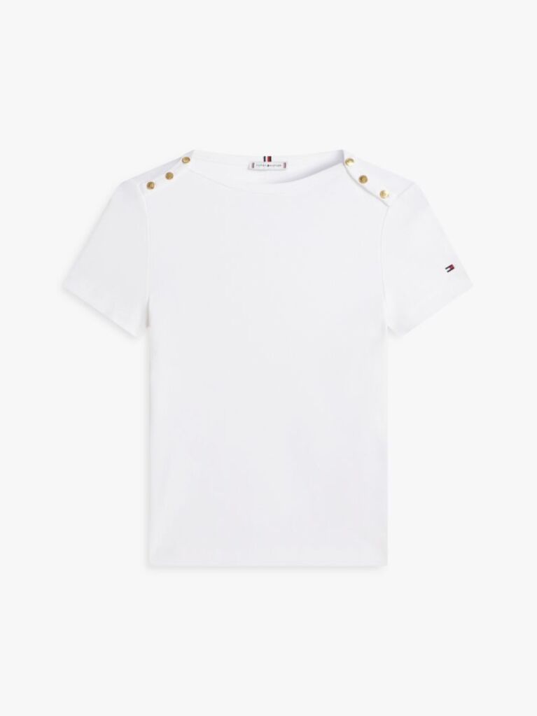 White Gold-Tone Button Slim Boat Neck T-Shirt  Women