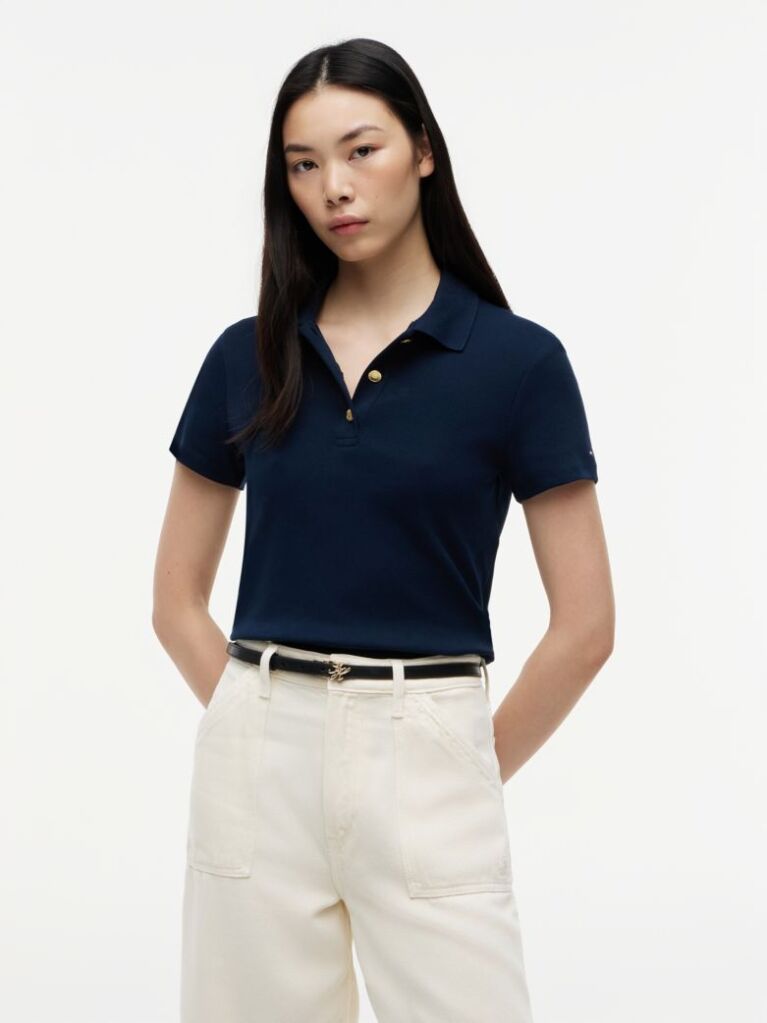 Blue Slim Fit Gold-Tone Button Polo Shirt  Women