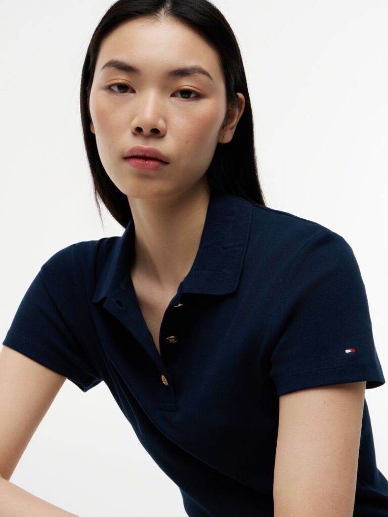 Blue Slim Fit Gold-Tone Button Polo Shirt  Women