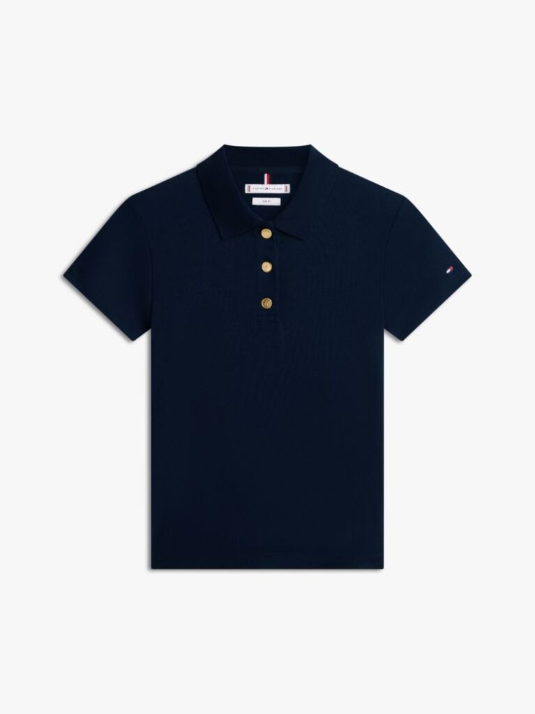 Blue Slim Fit Gold-Tone Button Polo Shirt  Women
