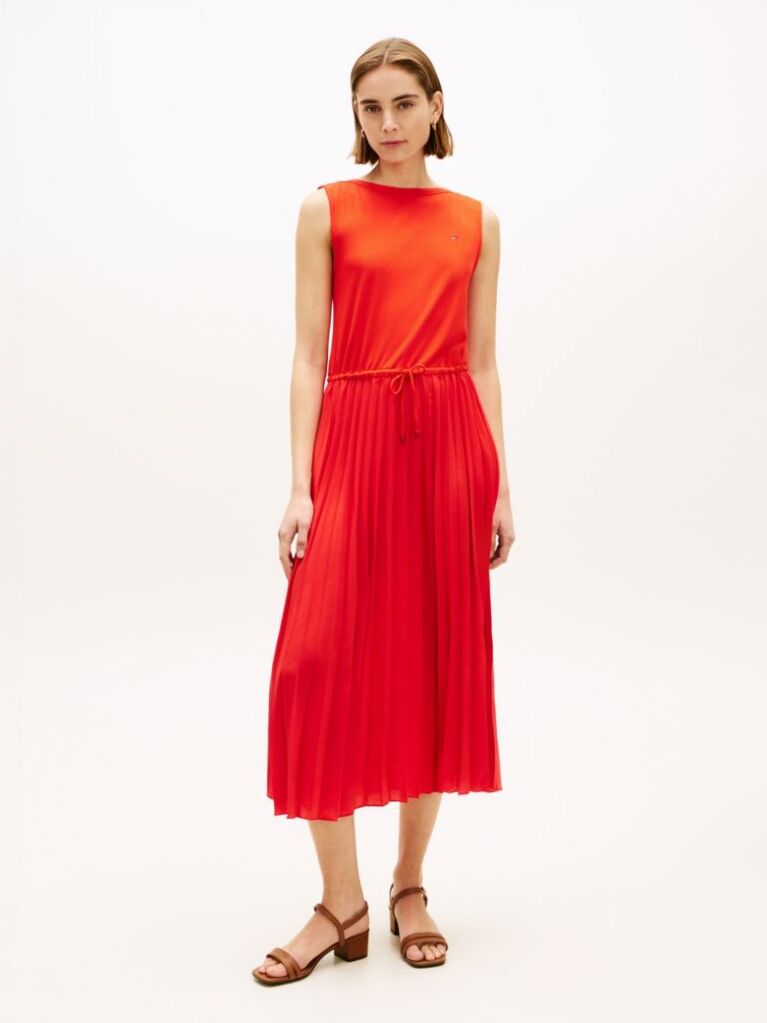 Red Pleated Sleeveless Slim Midi Dress  Women