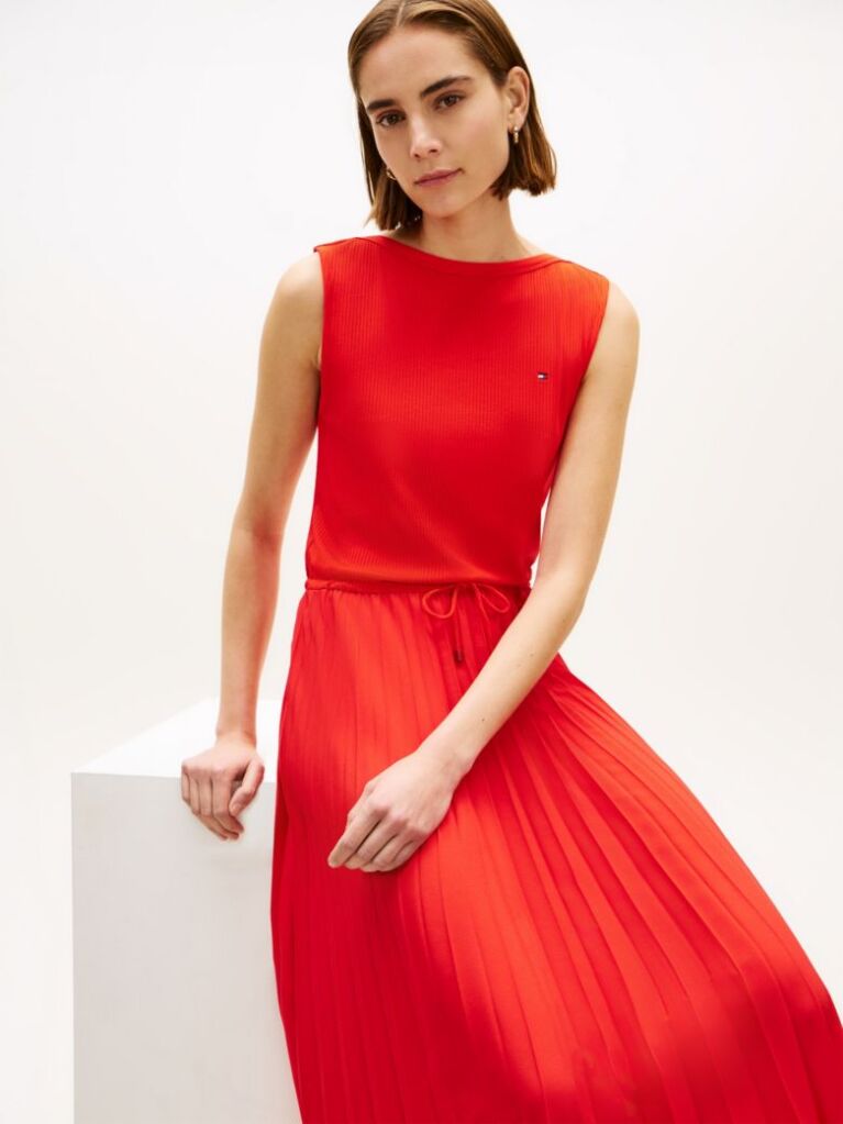 Red Pleated Sleeveless Slim Midi Dress  Women