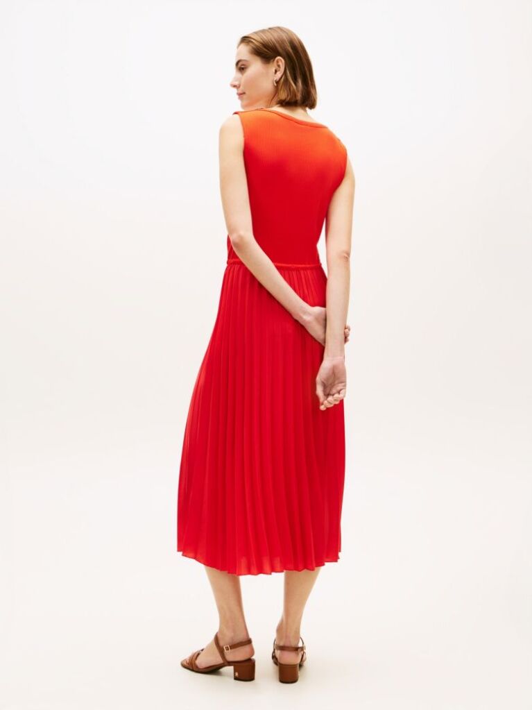 Red Pleated Sleeveless Slim Midi Dress  Women