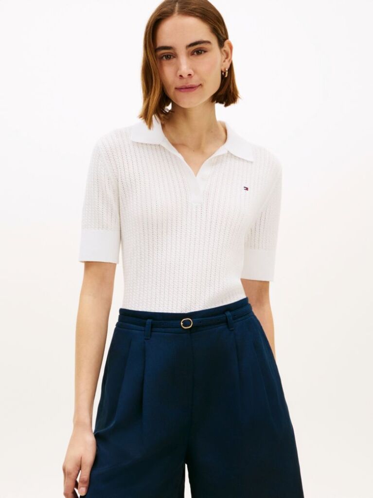 White Pointelle Short Sleeve Polo Jumper  Women
