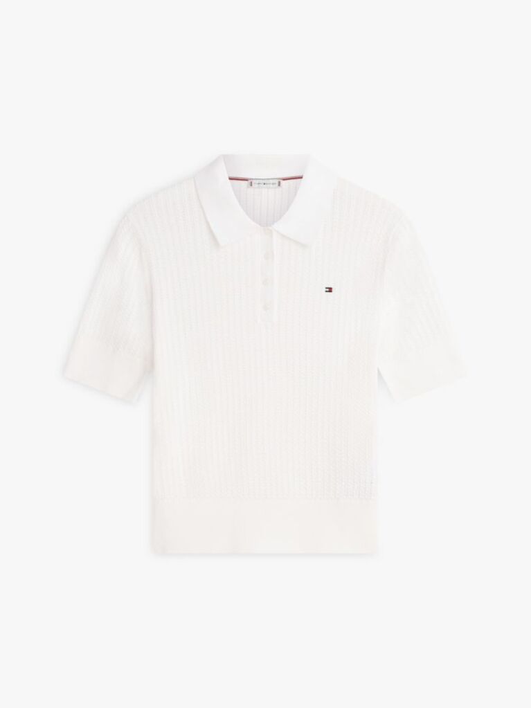 White Pointelle Short Sleeve Polo Jumper  Women