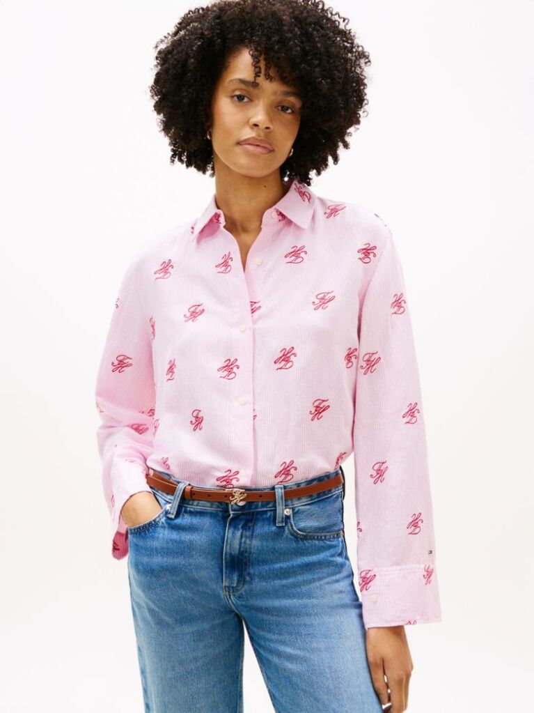 Pink Logo Embroidery Linen Blend Shirt  Women