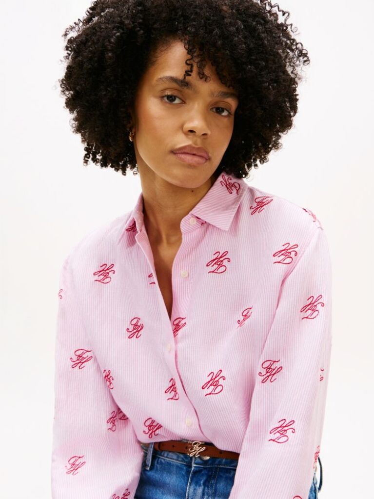 Pink Logo Embroidery Linen Blend Shirt  Women