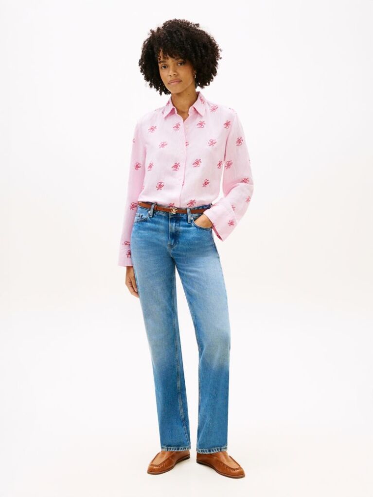 Pink Logo Embroidery Linen Blend Shirt  Women