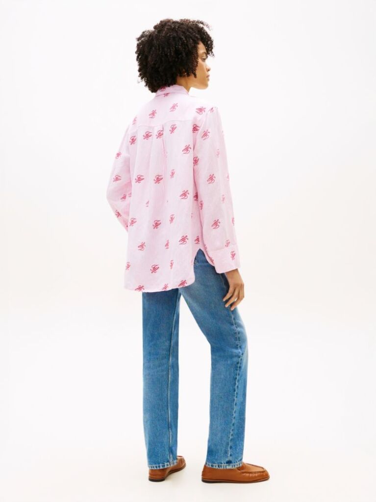 Pink Logo Embroidery Linen Blend Shirt  Women