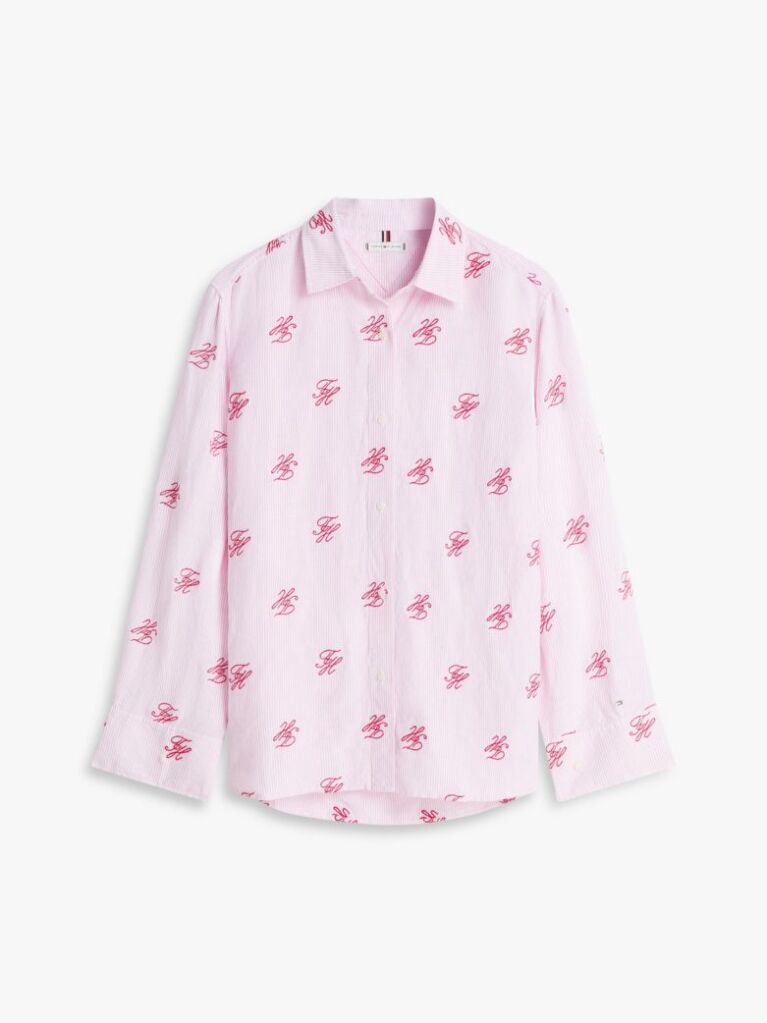 Pink Logo Embroidery Linen Blend Shirt  Women